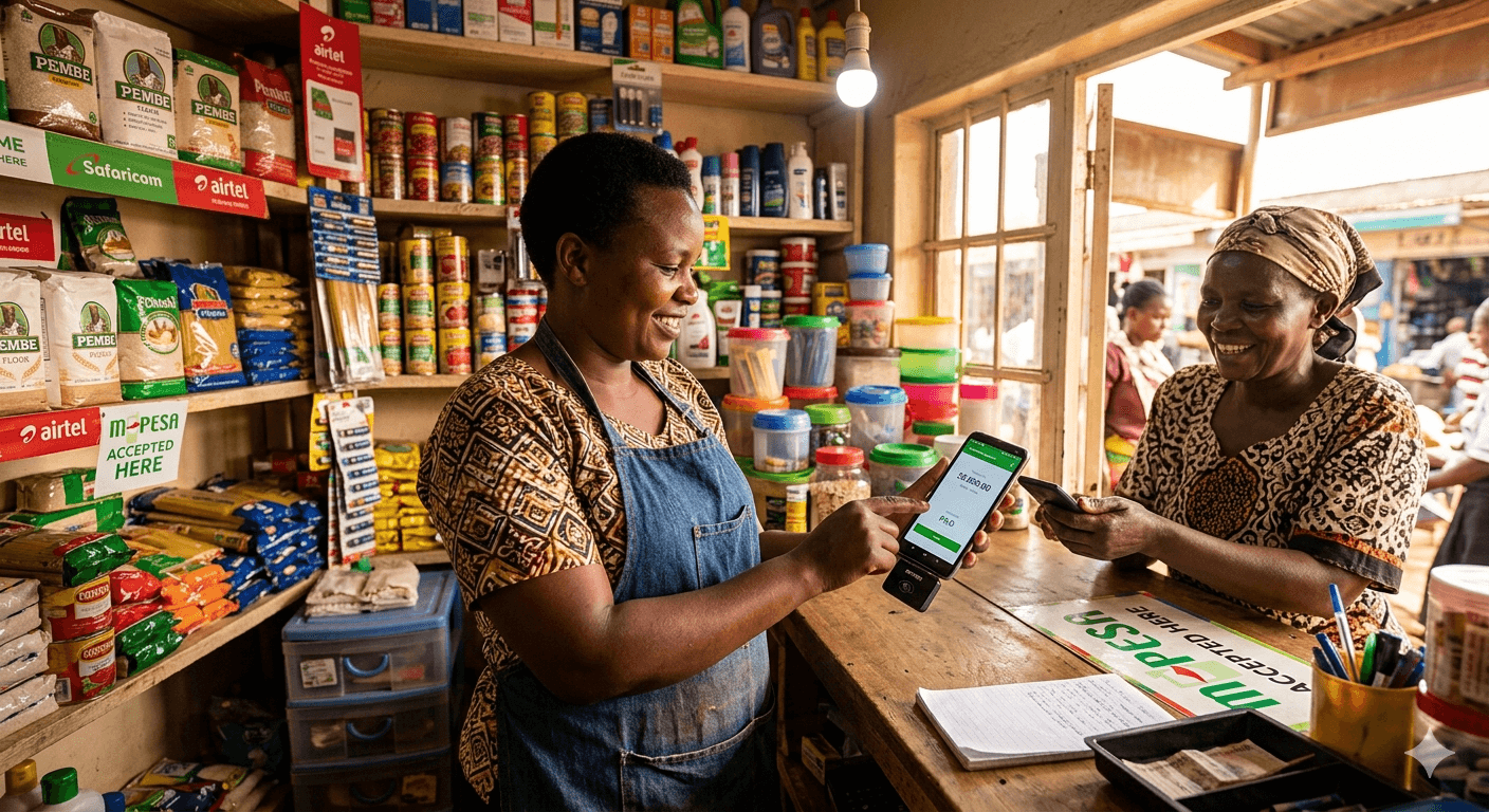 A shopkeeper at her Malawian kiosk using a GeniYanga POS tablet to ring up a sale for a smiling customer.