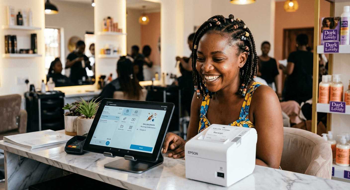 A shopkeeper smiling at her counter beside a GeniYanga till and receipt printer.